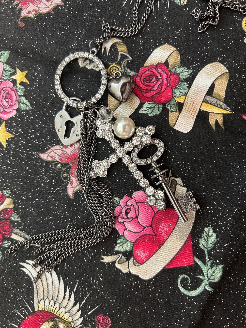 • Vintage Goth Rhinestone Cross Heart Padlock Skeleton Key Charm Tassel Necklace